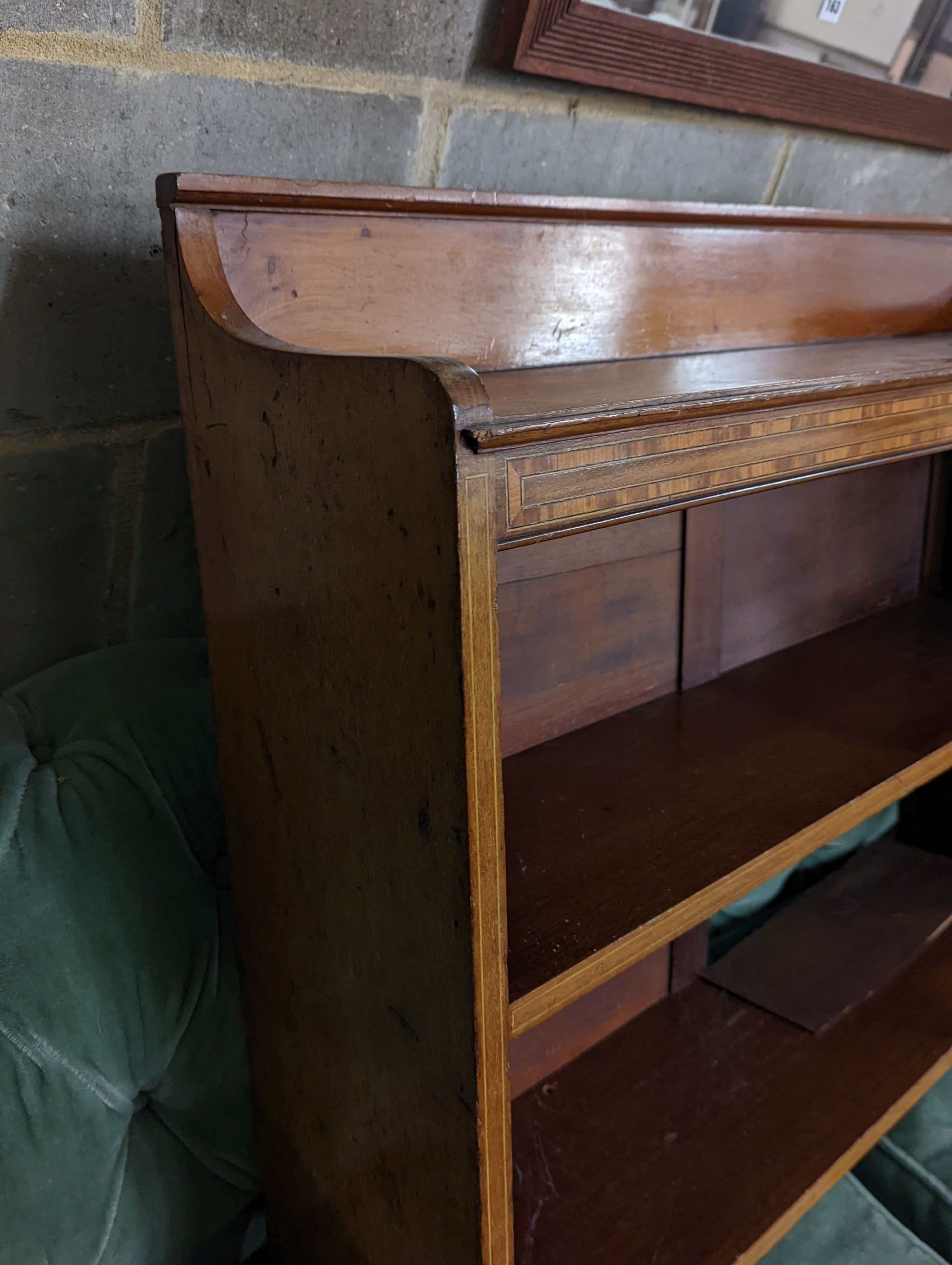 An Edwardian satinwood banded mahogany wall bracket, width 92cm, depth 23cm, height 72cm